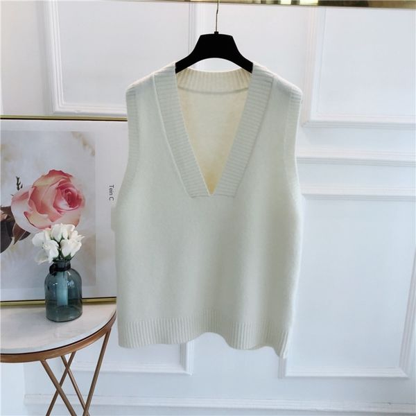 

iyejp korean needle alpaca winter v-neck pure color and fleece jacket loose thick autumn sleeveless pullover vest vest with shoulder pullove, White;black