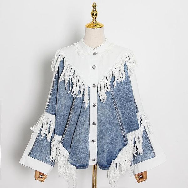 

patchwork tassel denim jacket for women lapel long sleeve streetwear coat female fashion new clothing 2021 autumn1, Black