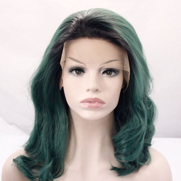 

heat resistant pine green ombre synthetic lace front wigs for women soft short wig black to dark green cosplay party hallowee