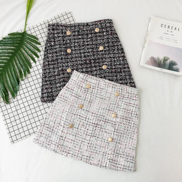 

кнопка зимние юбки tweed женщин старинные осенние мини-карандаш юбки шерсть корейский корпус высокая талия клетчатая юбка леди slim fit v923, Black