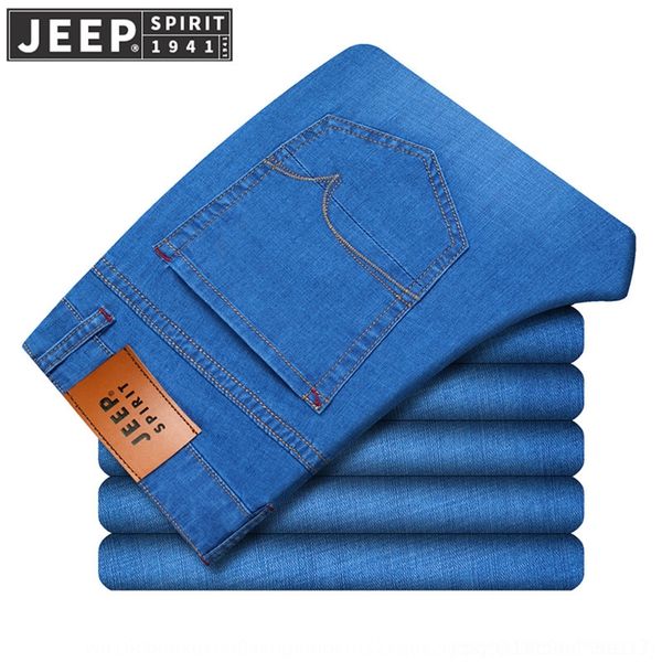 

qiuqf jp2020 summer pants men's slim stretch straight mid waist large casual jeans and jeans size men's thin business pants casual, Blue