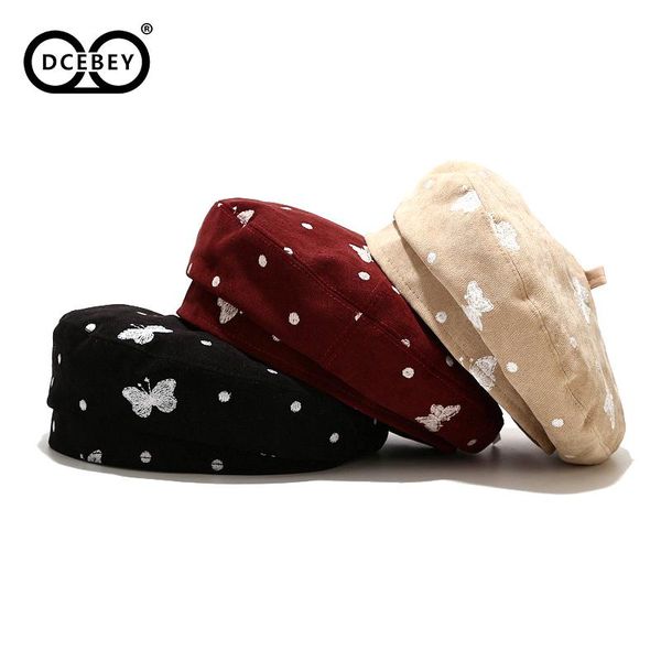 

berets dcebey winter beret hat beautiful butterfly embroidered female personality british retro fashion brand spaper, Blue;gray