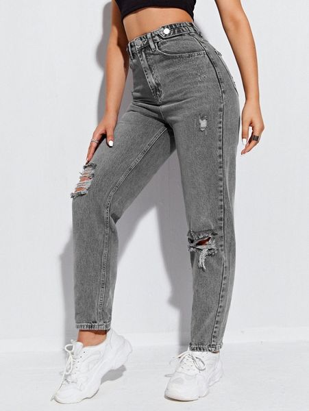 

high waist ripped detail mom jeans m0jn#, Blue