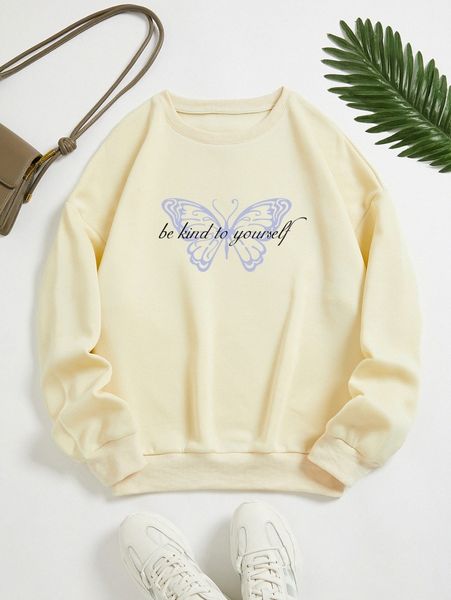 

slogan & butterfly print thermal lined sweatshirt v7tc#, White;black