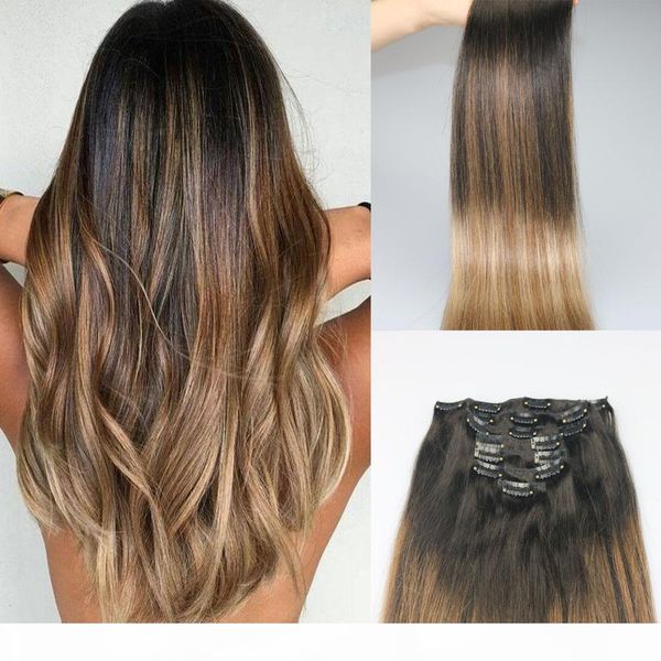 

9a grade remy clip in omber hair extensions balayage dark brown fading to ash blonde color highlights sew in clip on extensions 120g, Black