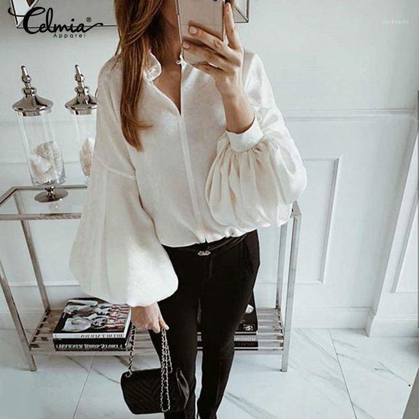 

celmia women and blouse v neck lantern sleeve buttons office lady shirts casual white blusas femininas plus size 5xl1