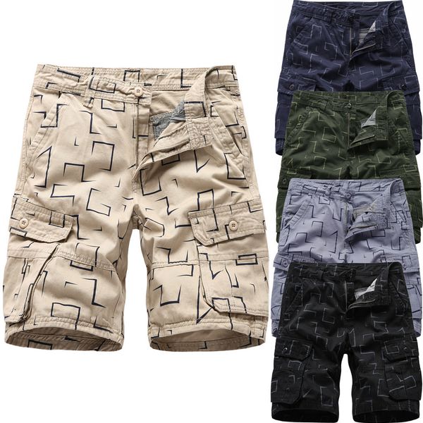 

2019 tooling shorts geometric print mens summer outdoors casual loose multiple-pockets printing overalls beach short, White;black