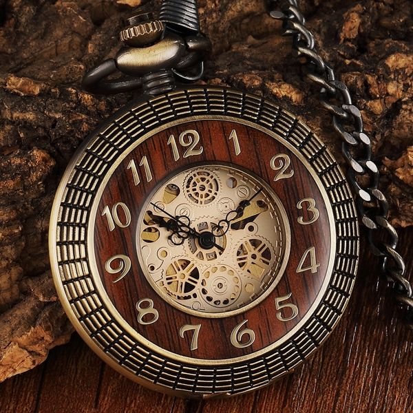 

vintage wood circle carved number dial mechanical pocket watch men unique hollow steampunk bronze mechanical clock watches chain t200502, Slivery;golden