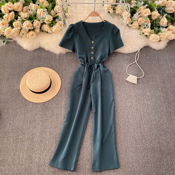 

2021 new women's singiny solid neck short button wasit collar overalls summer vacation long coveralls beach furl, Black;white