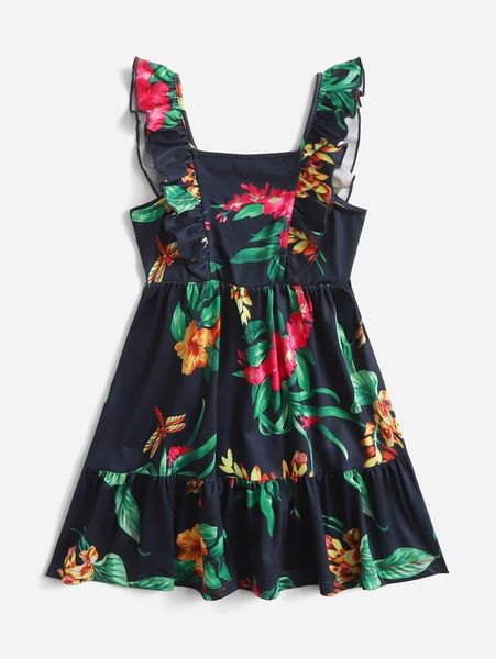 1-teiliges Kleid für Kleinkinder mit Blumen- und Libellenmuster und Rüschenbesatz