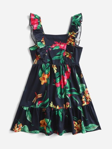 

toddler girls 1pc floral & dragonfly print ruffle trim dress she, Red;yellow