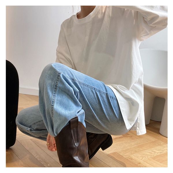 

2021 new autumn basic casual t shirt o-neck loose style long sleeve split hem white tees women 14h4