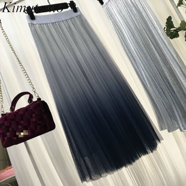

kimutomo women gradient mesh skirts spring autumn female high waist patchwork solid pleated skirt outwear fashion korea chic y1214, Black