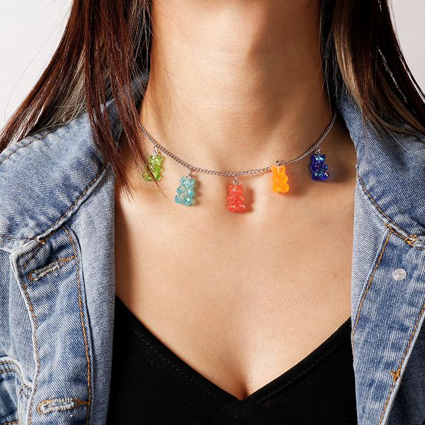 

fahsion resin colorful bears necklaces animals tassel clavicle chain choker necklace for women party jewelry accessories panda pendants, Silver
