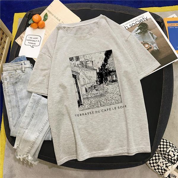 

harajuku fun black and white drawing van gogh printing short sleeved t shirt chic large size loose o neck casual female t