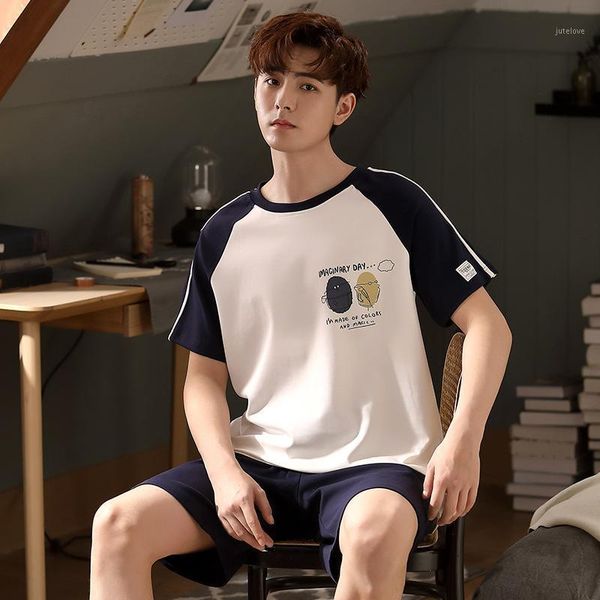 

cotton men pajamas summer round neck short sleeve shorts plus size printed loose men's homewear set sleepwear men1, Black;brown