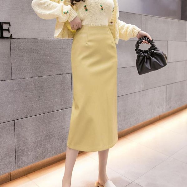 

pu leather skirts womens high waist straight solid over knee split highstreet midi long skirt 2020 autumn winter pu woman skirts, Black