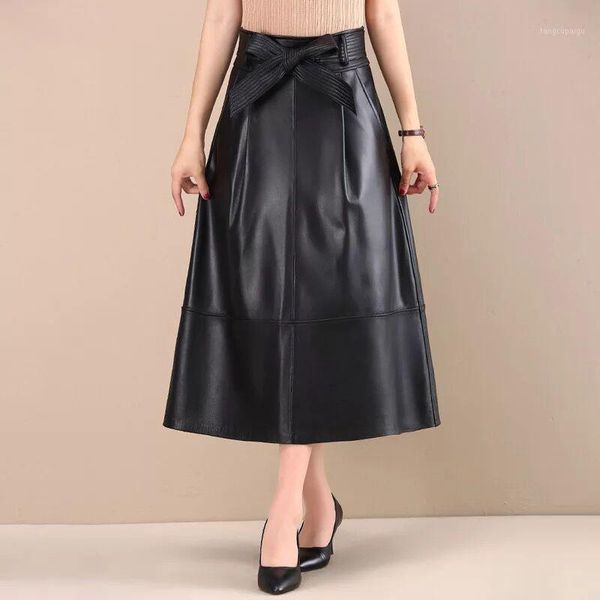 

long leather skirt 2020 winter balck sheepskin skirts womens a line office ladies high quility zipper party wrap plus size skirt1, Black