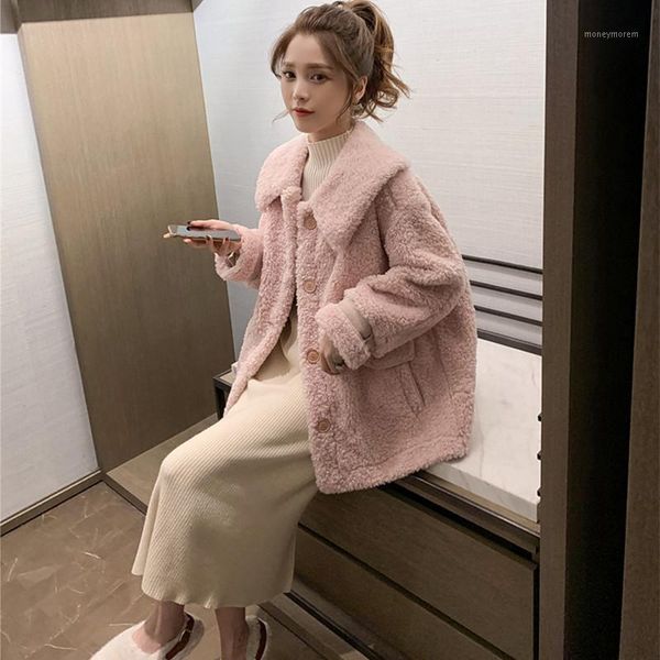 

women's jackets 2021 autumn winter warm faux lambswool women fashion loose coats long sleeve casual pocket button outerwear1, Black;brown