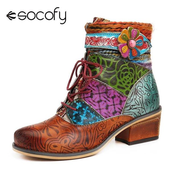 

boots socofy colorful genuine leather splicing flower lace up zipper flat short elegant shoes women botas mujer, Black