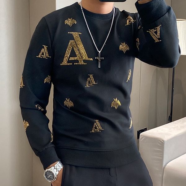 

i04ej slim men's autumn rhinestone winter new personality letters w1062 fit rhinestone sequins sweater sequins long sleeve sweater fash, Black