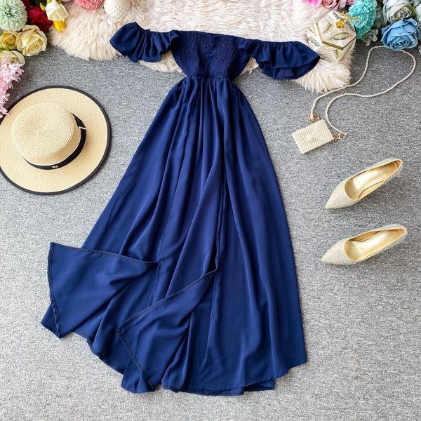 

vintage 2021 boho off shoulder mixi long dress summer slim party split dress women elegant casual tunic beach holiday dress, Black;gray