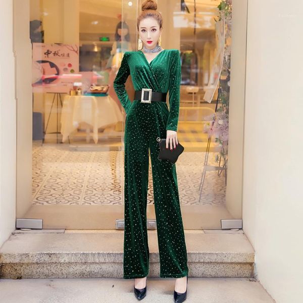 

women 2020 autumn winter elegant sequin gold velvet jumpsuit female high waist wide leg pants rompers office lady jumpsuits n2501, Black;white