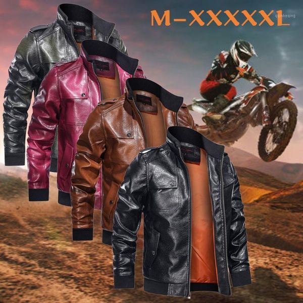 

m-5xl men jacket vintage turn-down collar solid imitation leather coat biker outwear inner fleece thick winter parka coat#351, Black;brown