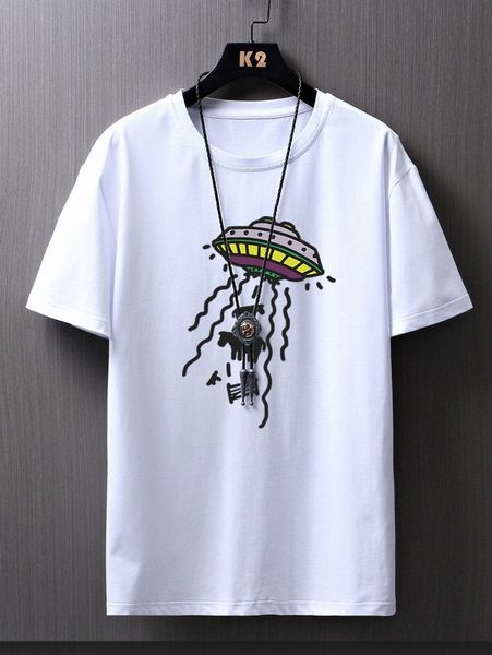 

men cartoon and ufo print drop shoulder tee z4lb#, White;black