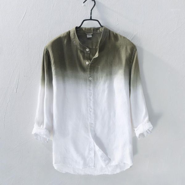 

mens pure linen shirts gradient color three quarter sleeve casual shirt men summer mandarin collar social business shirts ts-3351, White;black