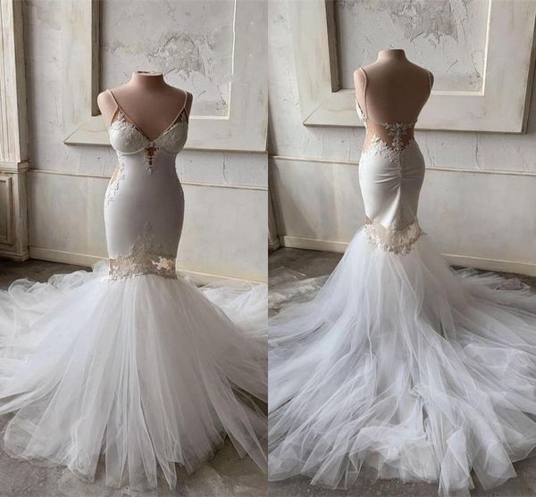 

2021 mermaid wedding dresses spaghetti straps two piece lace applique pearls illusion bodice boho wedding bridal gown vestido de novia, White