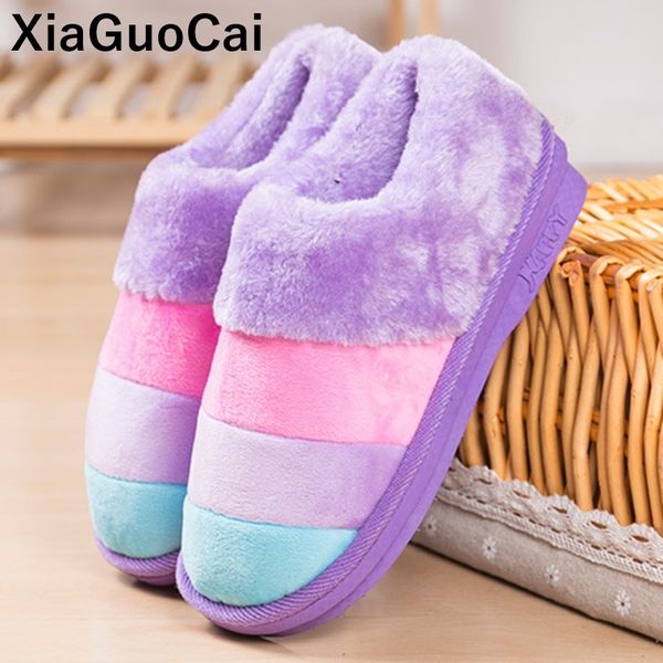 

warm winter slippers women home slippers indoor bedroom house shoes female plush slippers furry cotton pantufa for lovers y201026, Black