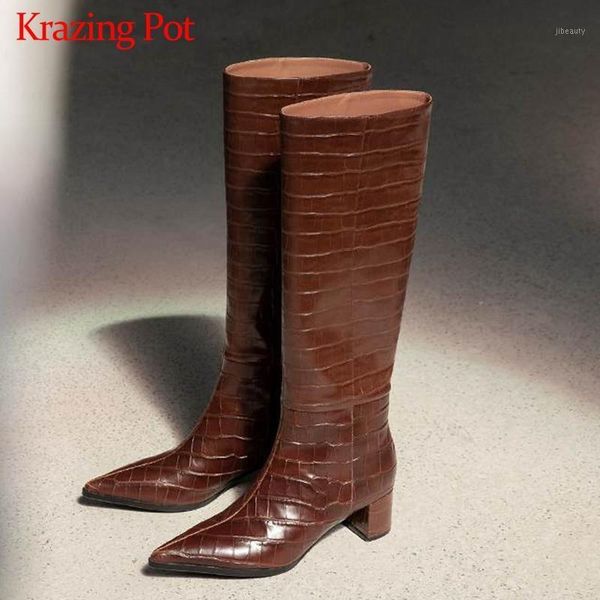 

krazing pot genuine leather pointed toe gingham prints streetwear riding boots keep warm gorgeous nightclub knee high boots l591, Black