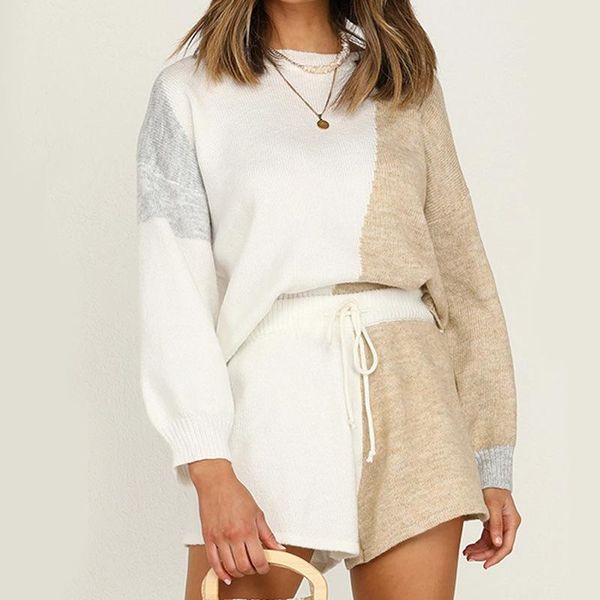 

2020 autumn winter casual solid color stitching knitted sweater sports suit loose shorts round neck sweater suit outfits women, Gray