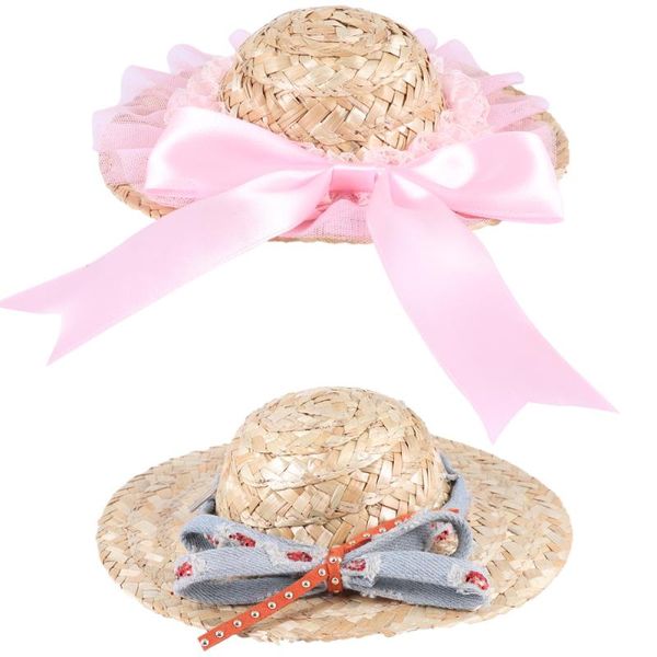 

dog apparel 2pcs pet straw hats lovely cat hand-knitted caps sun block sunhats for gog decor (denim color size)