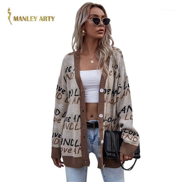 

women's knits & tees 2021 autumn winter style v neck letter sweater women loose long sleeve knit shirt ladies versatile single breasted, White