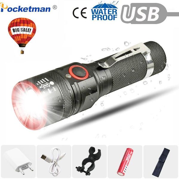 

6000 lumens usb rechargeable t6 led torch lamp lantern 18650 waterproof bike led holding clip flash light1