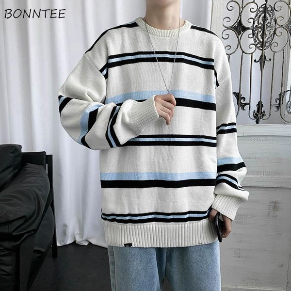 

pullovers men striped loose students korean-style leisure chic fashion mens sweaters knitted warm ulzzang couples o-neck daily, White;black