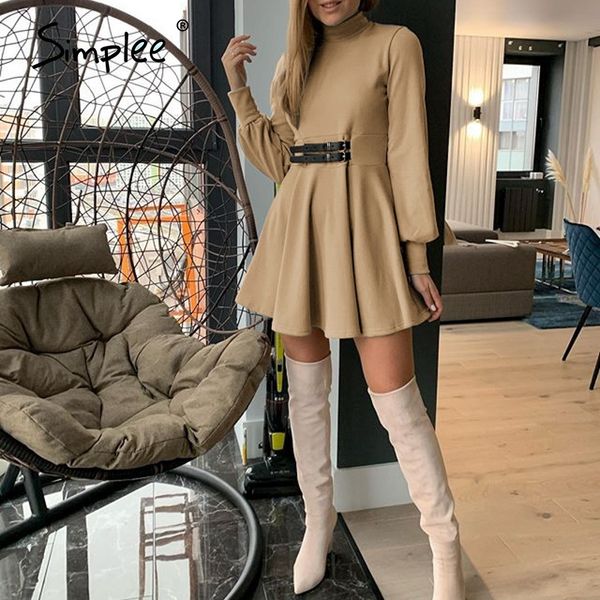 

simplee elegant women short khaki dress long sleeve turtleneck female dress winter office straight chic pullover a line dresses 201008, White;black