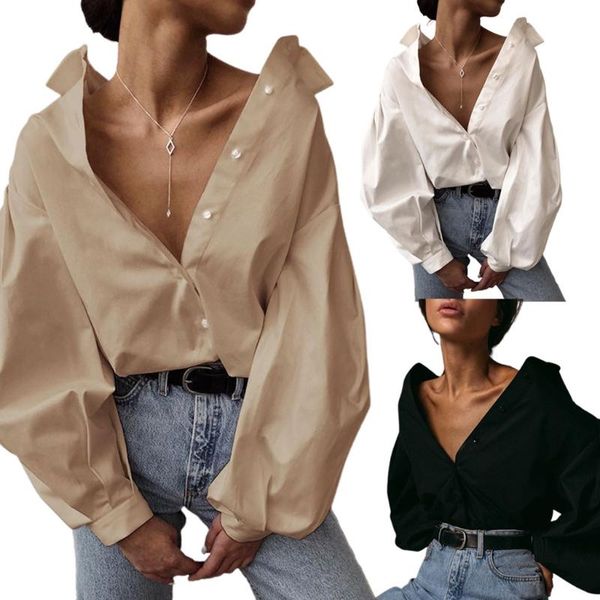 

women autumn lantern long sleeve blouse vintage england style lapel button down shirts solid color office lady loose top, White