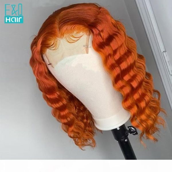 

orange color deep wave part lace front human hair wigs for black women brizalian remy short bob transparent lace front wig 150%, Black;brown