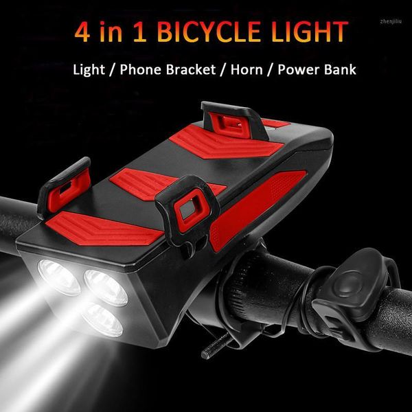 

bicycle light usb chargeable led bike light head lamp bicycle horn phone bracket powerbank 4 in 1 mtb cycling front1