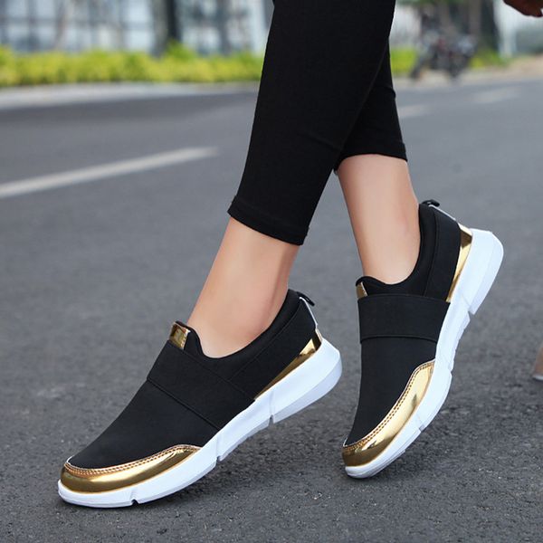 

women slip on loafers ladies casual comfort flats shoes female breathable stretch cloth fashion running sneakers for woman c1103, Black;white