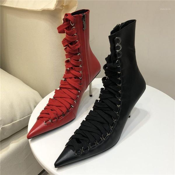 

2020 runway fashion genuine leather women ankle boots pointed toe 8cm high heels lace-up short botas mujer women pumps1, Black