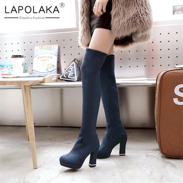 

boots lapolaka 2021 fashion warm plush women shoes high heels platform concise trendy stretch style comfy ins ladies, Black
