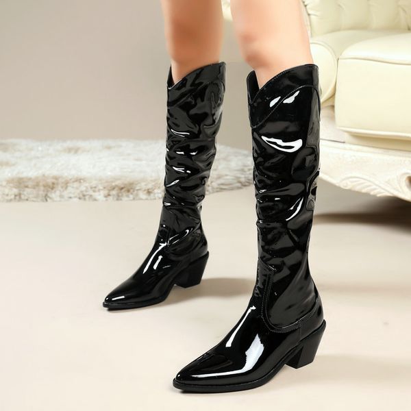 

2020 women boots fashion wedges high heel knee high boots pointed toe western autumn winter long ladies shoes, Black