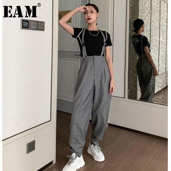 

eam] high waist gray biref long wide leg overalls trousers new loose fit pants women fashion tide spring summer 2020 1w2001, Black;white