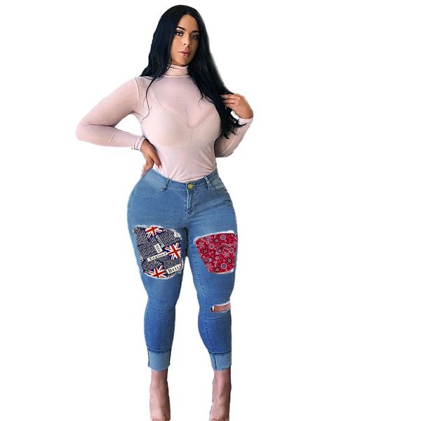 

patchwork hole slim womens jeans high waist skinny flexible women trousers classic sell pencil pants, Blue