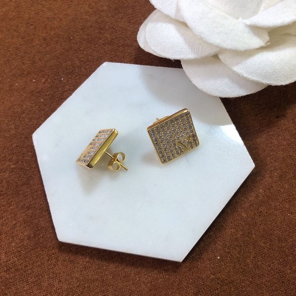 

europe america simple style lady women titanium steel engraved initials full diamond square gold stud earrings gift, Golden;silver