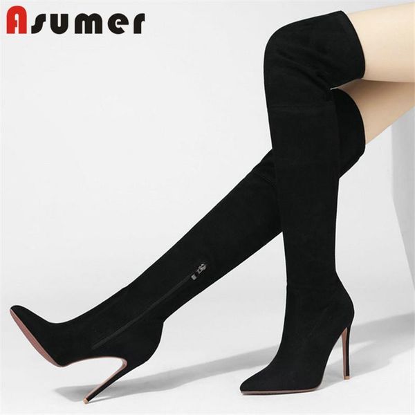 

asumer 2020 over the knee boots women flock zip pointed toe thin high heels party wedding shoes woman boots1, Black
